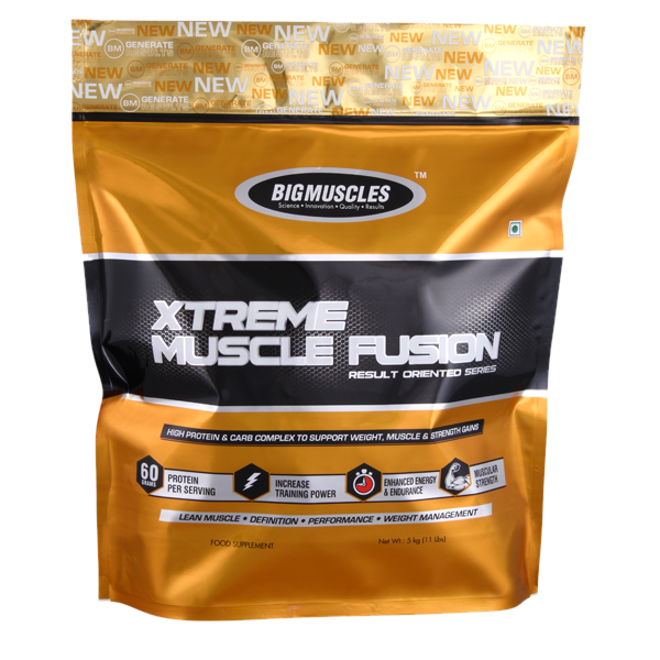 BIG MUSCLES XTREME MUSCLE FUSION RESULT ORIENTED SERIES 11lb HIGH PROTEIN & CARB COMPLEX TO SUPPORT WEIGHT MUSCLE & STRENGTH GAINS 11lb - BIG MUSCLES www.oms99.in